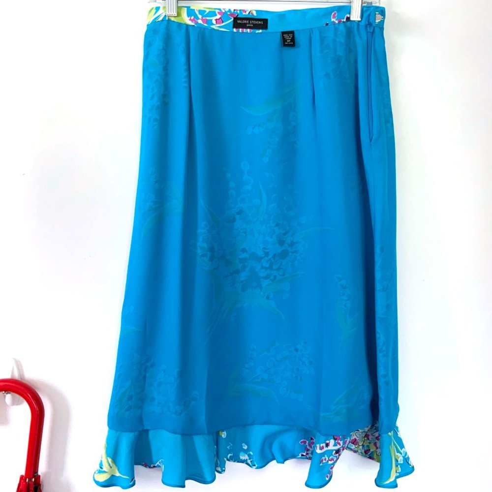 Valerie Stevens 100% Silk Blue Floral Midi Ruffle Faux Wrap Skirt Sz 8P - Picture 13 of 16